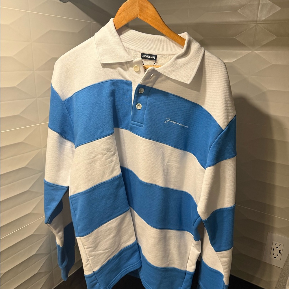 JACQUEMUS Blue and White Striped Men's Polo Shirt